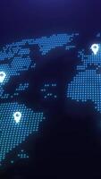 Animated digital world map with location pins dropping on different continents. Vertical format for mobile, UI, infographics, social media, global delivery, travel or GPS concept. video