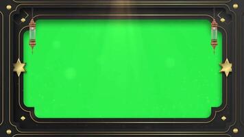 Green screen islamic frame with lanterns and stars for ramadan kareem and eid mubarak design, Islamic program widow with editable green screen chroma key video