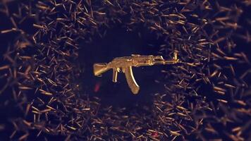 Crime show intro animation with Golden ammunition and components falling in slow motion for firearms and weapon concepts video
