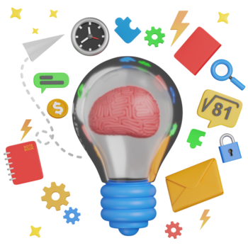 3d reder bulbe med hjärna inuti och flera olika objekt runt om dem tänkande ikon png