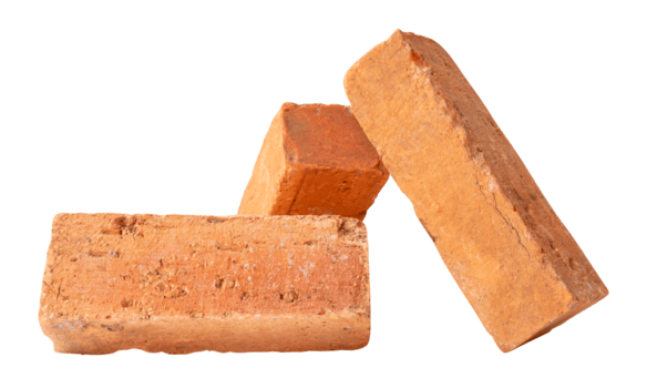 A horizon stack of three cracked old red or orange bricks in stack isolated with clipping path in file format png