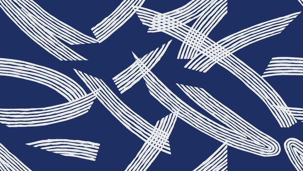 Dynamic hand drawn brush lines seamless Japanese pattern featuring abstract intersecting and curving brushstrokes in white on a deep blue background, simple graphic for textile vector