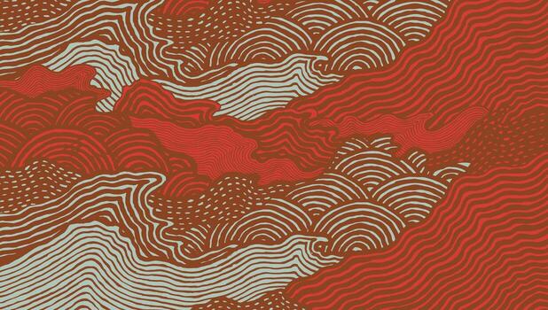 Hand drawn brush lines stylized Japanese waves and ripples abstract pattern in warm terracotta, soft red, and muted blue tones. Wood carving, block print texture background. vector