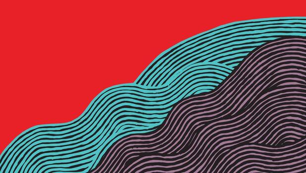 Vibrant abstract pattern featuring bold, flowing hand drawn stripes in black, light blue, and muted purple, creating an energetic wave effect against a striking red background. Modern and dynamic. vector