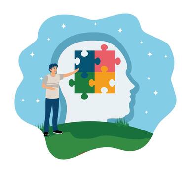 A man putting together a puzzle depicts solving a problem. vector