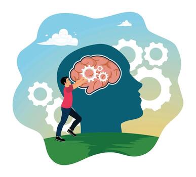 un hombre resuelve problemas por lluvia de ideas ideas vector