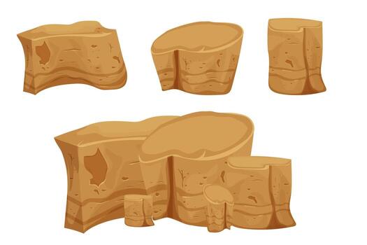 Stone boulders set isolated on white background, detailed drawing in cartoon style with cracked elements for design and ui games. Collection massive constructions. vector