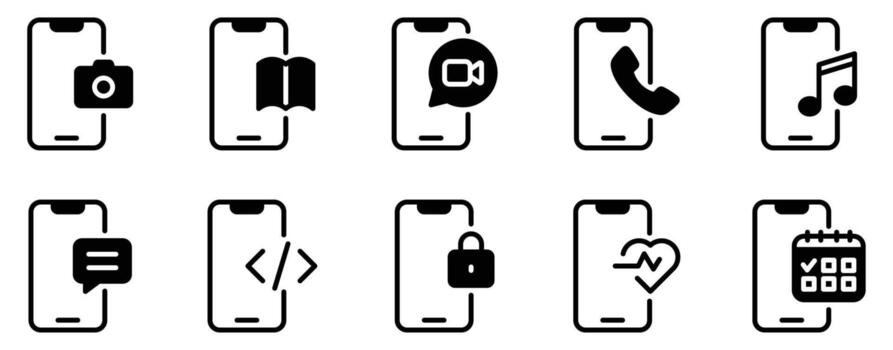Smartphone Technology Icon Set Solid Style Collection representing mobile devices apps and digital communication suitable for tech products UI design and mobile development platforms vector