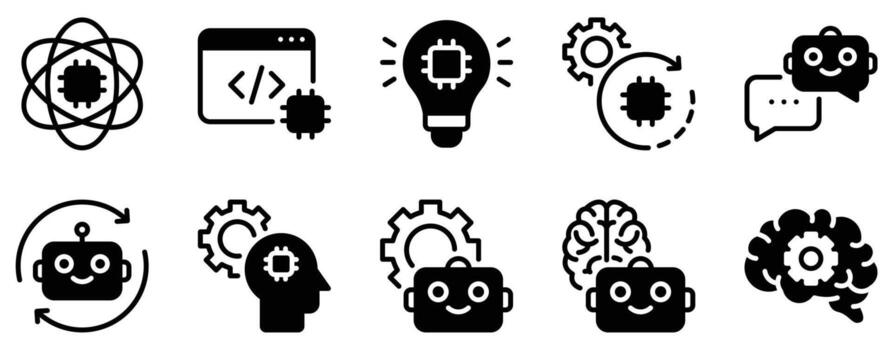 Machine Learning Icon Set Solid Style Collection representing data analysis predictive modeling and intelligent systems suitable for AI development tech platforms and educational resources vector