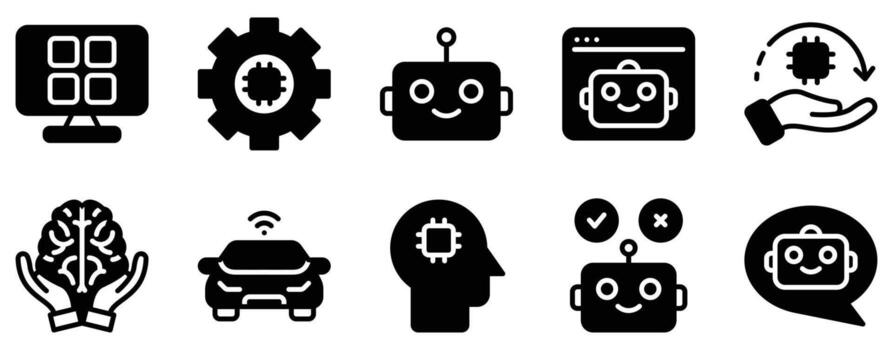 artificial inteligencia icono conjunto sólido estilo colección representando máquina aprendizaje automatización y inteligente tecnología adecuado para ai plataformas tecnología soluciones y educativo recursos vector