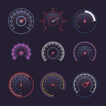 Set of Sport Car Speedometer Collection, Realistic circle Car digital dashboard display full speed, Measurement of car speed and engine revolution bar for game interface. illustration vector