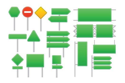 Set of Blank green traffic Road sign set collection in realistic style isolated on white background, Set danger blank warning empty signs, Mock up traffic template, illustration vector