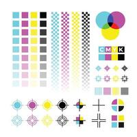 cmyk calibración conjunto recopilación, impresión cmyk marcas, compensar impresión calibración marcas, color prueba degradado color tono, color barras y registro platos, color impresión estándar. vector