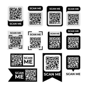 QR Code Scan Set Collection. Scan me text. Smartphone usage. Scan QR Code icon, Qrcode Label tempate for mobile app, illustration vector
