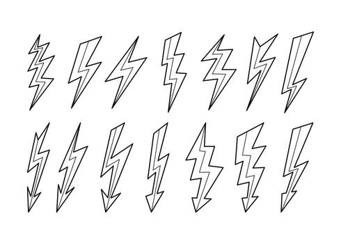 Set of Lightning Bolt Outline Set Collection on black background, lightning line art electric strikes, flash of Thunderbolt Icon, lightning stop, danger, warning energy speed power bolt. illustration vector