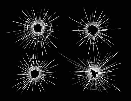 Realistic Glass Hole Set Collection, broken Glass cracks wall with broken pieces, burst Broken window, shattered glassy surface and break windshield glass texture background, break bullet crash crime. vector