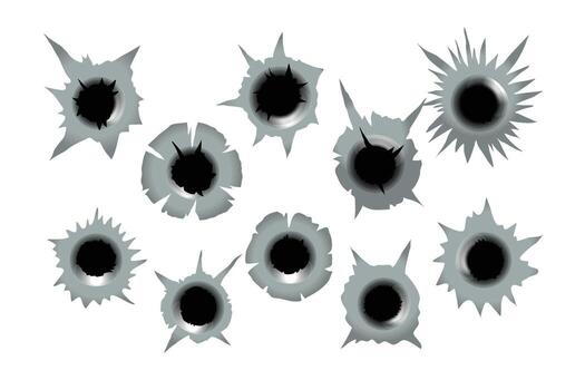 Set of Bullet Holes Set Collection, Isolated on white background, different damaged from ragged hole in metal from bullets, metallic surface blow bullet projectile explosion hole. illustration. vector