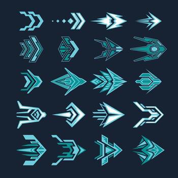 Futuristic arrows set collection, Futuristic holographic interface hud design elements. Arrowhead, pointers, direction. Hi-tech elements and HUD interface, Cyberpunk and retrofuturistic arrow button. vector