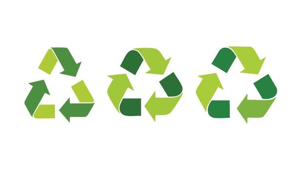 Three green recycling symbols with circular arrow designs, flat style icons representing eco-friendly and sustainability concepts. css Copy Edit vector