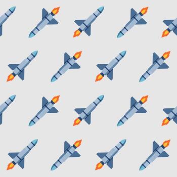 Seamless pattern of flat design rockets with flames, on a light background. Space exploration and tech themes. For wallpapers, textiles, or backgrounds. vector