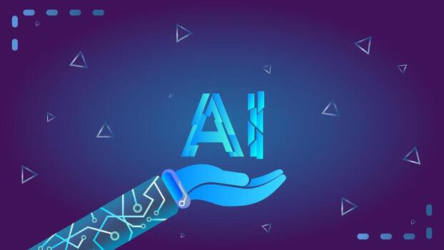 AI concept graphic. A hand outstretched with the letters AI resting in the palm, surrounded by circuit board design elements, on a purple and blue gradient background. vector