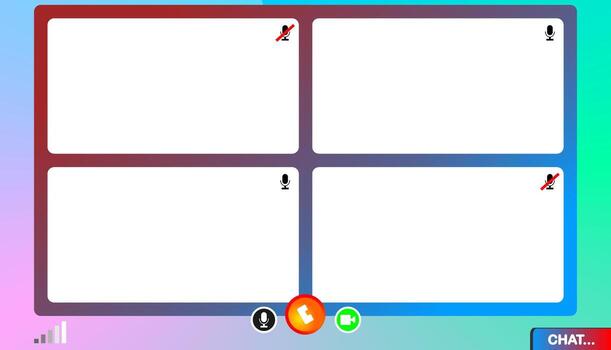 conference template with four blank screen placeholders for participants, microphone and camera controls, and chat function. Ideal for remote meetings and webinars. vector