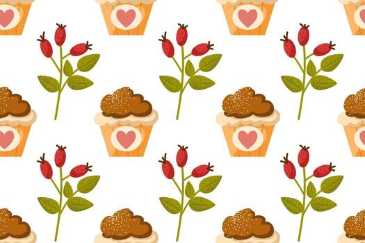 Seamless pattern with cupcake and autumn leaves with berries. Illustration in flat style. Suitable for menu, invitations, cards vector