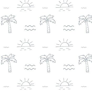 sin costura tropical modelo con mano dibujado palma arboles Dom y olas en mínimo línea Arte estilo aislado en blanco antecedentes para verano diseño vector
