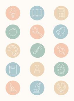 Set of pastel school icons in flat style including book pencil calculator globe clock apple and microscope isolated on white background for education design vector