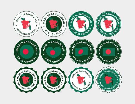 A collection of Made in Bangladesh product labels in various shapes and styles. Ideal for manufacturing, packaging, branding, export, and business use vector