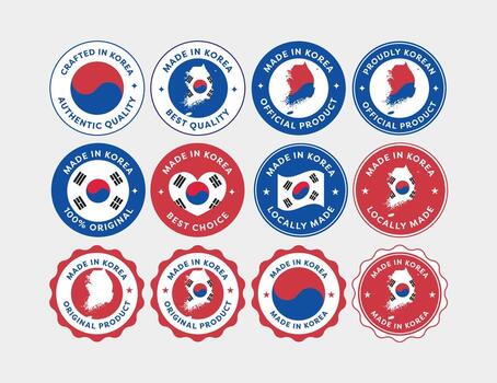 A collection of Made in Korea labels in different styles and formats. Perfect for branding, packaging, manufacturing, product identity, and export purposes. vector