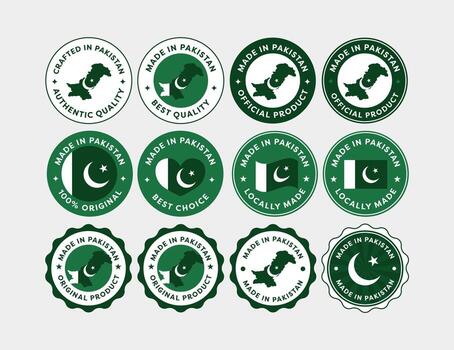 A versatile collection of Made in Pakistan labels in different styles and shapes. Perfect for packaging, branding, manufacturing, and product identification use. vector