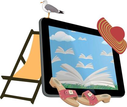 Seagull standing on tablet pc showing open book with flying pages on blue sky background with deckchair and clogs vector