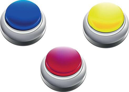 Three glossy colorful round buttons showing different options vector