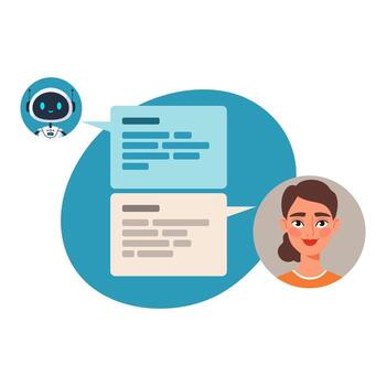 Chatbot and woman having a conversation. Chat interface with message bubbles. AI assistant communication concept with robot icon and female avatar. Flat illustration vector
