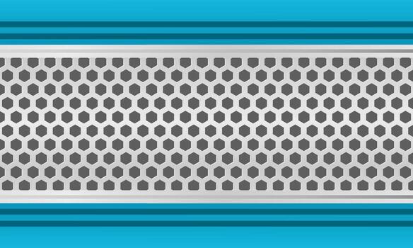 Horizontal metallic background with silver hexagon mesh and blue bar design vector