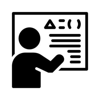 Professional Presentation and Educational Lecture Icon. A Dynamic Symbol of Teaching, Public Speaking, and Knowledge Sharing, Featuring a Presenter and a Display Board with Data and Information vector