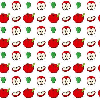 Half of red apple, whole apple with a worm and another slice. Seamless pattern. illustration. vector