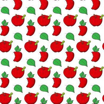 Red apple with a worm and a bitten apple. Seamless pattern. illustration. vector