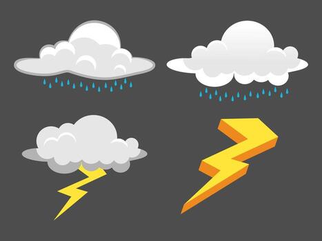 Set of Dynamic Cartoon Weather Icons with Rain Clouds and a Lightning Bolt vector