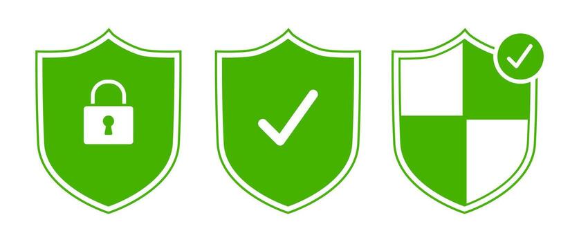 Green Security Check Mark Icons set, Safety Shield, Protection symbol, Proof and Guarantee Graphic elements for Business and Web illusteration vector