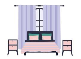 Cozy modern bedroom design with curtains, bedside tables, and a stylish bed in soft colors vector