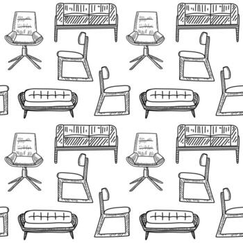 Stylized pattern of assorted furniture designs including chairs and sofas in black and white on a light background vector
