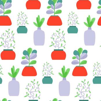 Colorful plant pattern showcasing unique pot designs with vibrant botanical elements arranged in a repeating layout vector