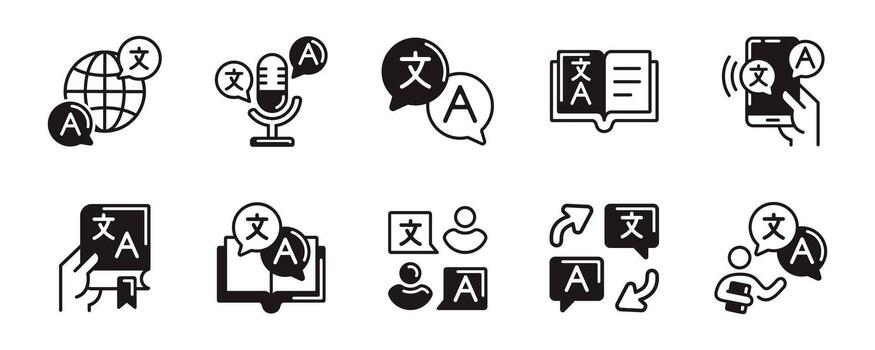 international communication language translate icon set global translation dictionary online service signs unique style illustration for web and app vector