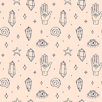 A seamless outline pattern featuring hand-drawn mystical elements hands with eyes, crystals, stars, and spirals in simple line art style on a soft beige background vector