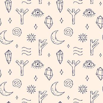 A seamless outline pattern featuring hand-drawn mystical elements runes, eye, moon, crystals, stars, spirals, and waves in minimal line art style on a soft beige background vector