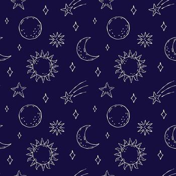 A seamless outline pattern featuring hand-drawn celestial elements moon, sun, comet, and stars in minimal line art style on a deep blue background vector