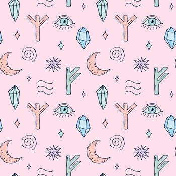 Seamless colorful pattern featuring hand-drawn mystical elements runes, eye, moon, crystals, stars, spirals, and waves in minimal line art style on a soft pink background vector