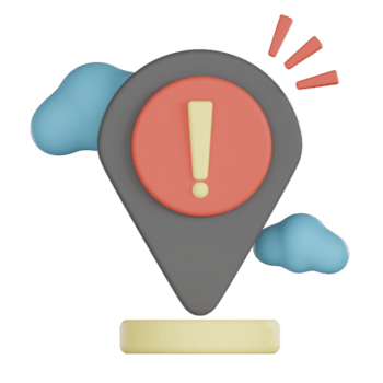 3d icon with exclamation mark inside location pin symbolizing empty alert state with clouds in background and attention lines png